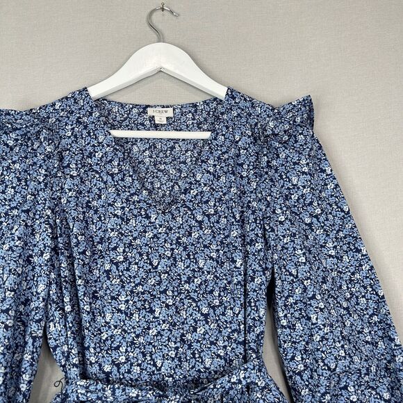 J.Crew Womens Dress Small Blue 100% Cotton Floral Puff Sleeve Belted Preppy Boho - Picture 2 of 15